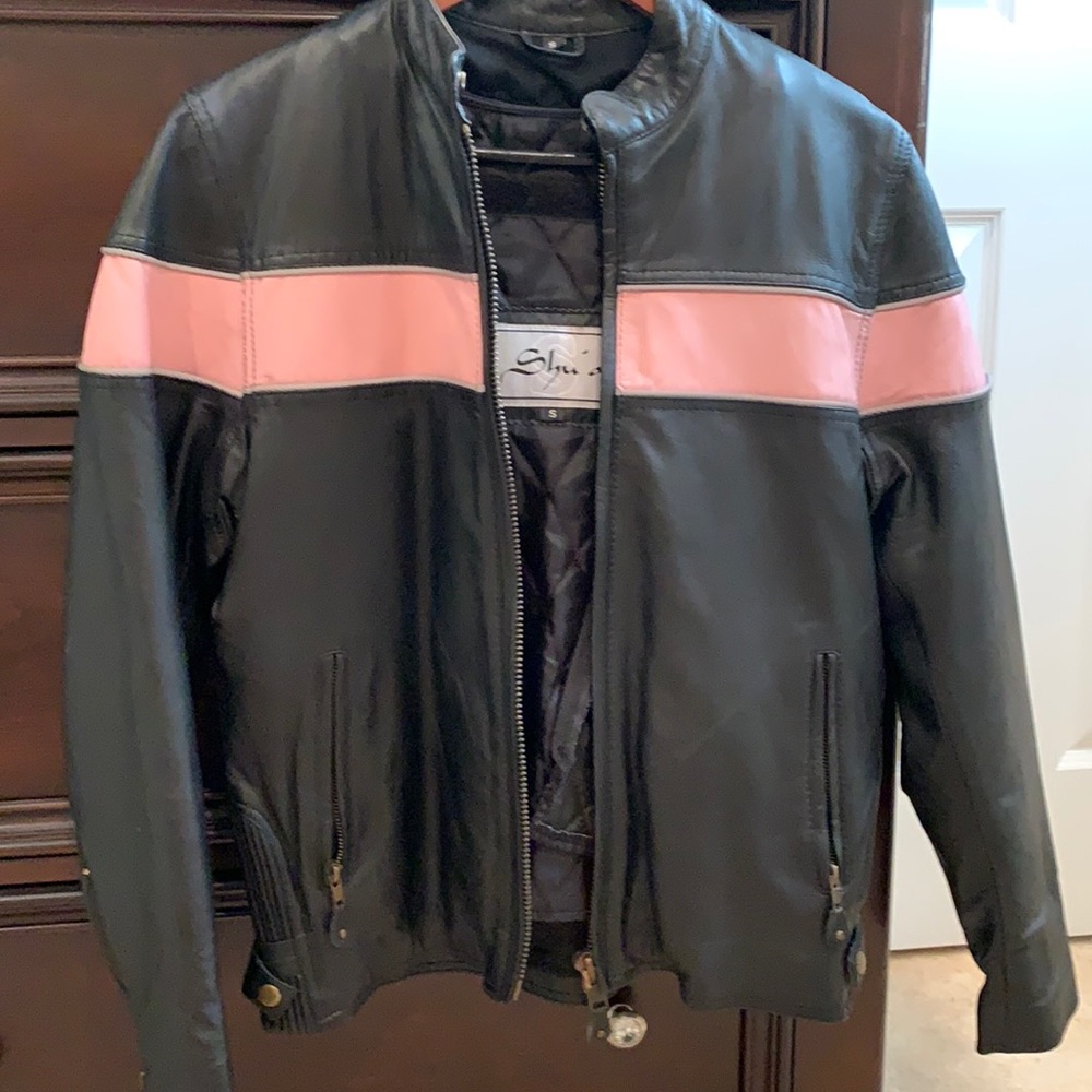 Never worn , black , pink stipe